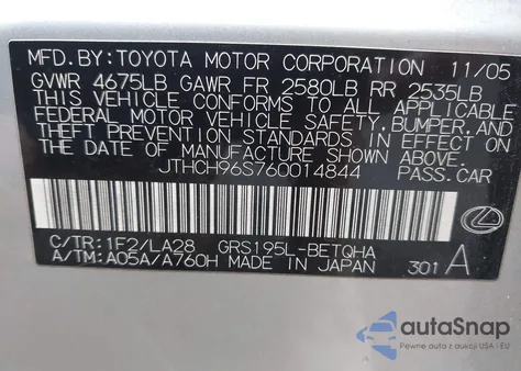 2006 Lexus Gs 300 from USA, damaged, VIN JTHCH96S760014844